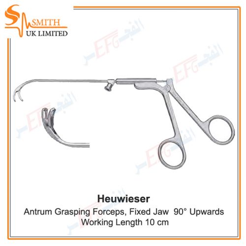 HEUWIESER Antrum Grasping Forceps, fixed jaw curved 90° upwards, moveable jaw opening upto 120° backward, cleaning connector, working length 10 cm