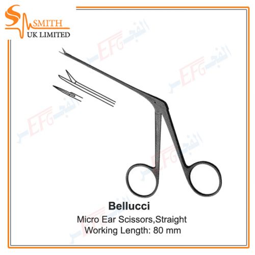 Bellucci Micro Ear Scissors, Very Fine, Straight, Working Length: 80 mm, 4 mm x 1.5 mm 